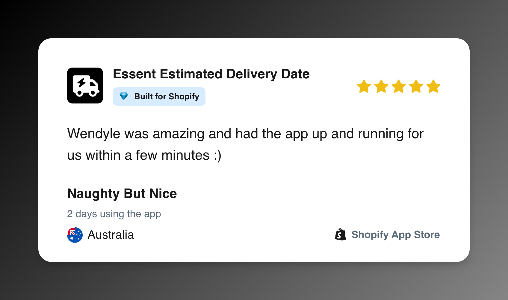 Five-star Shopify App Store review from Naughty But Nice for Essent Estimated Delivery Date