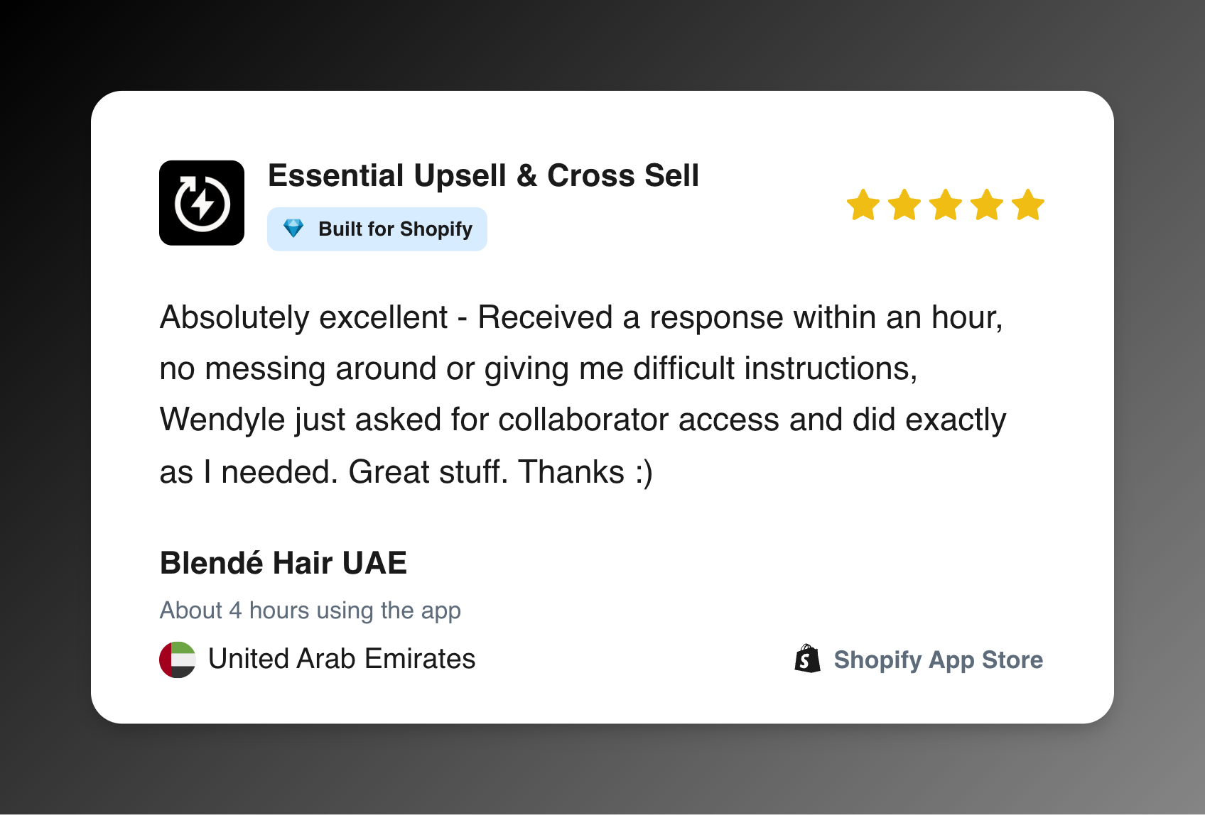 Five-star Shopify App Store review from Blendé Hair UAE for Essential Upsell and Cross Sell