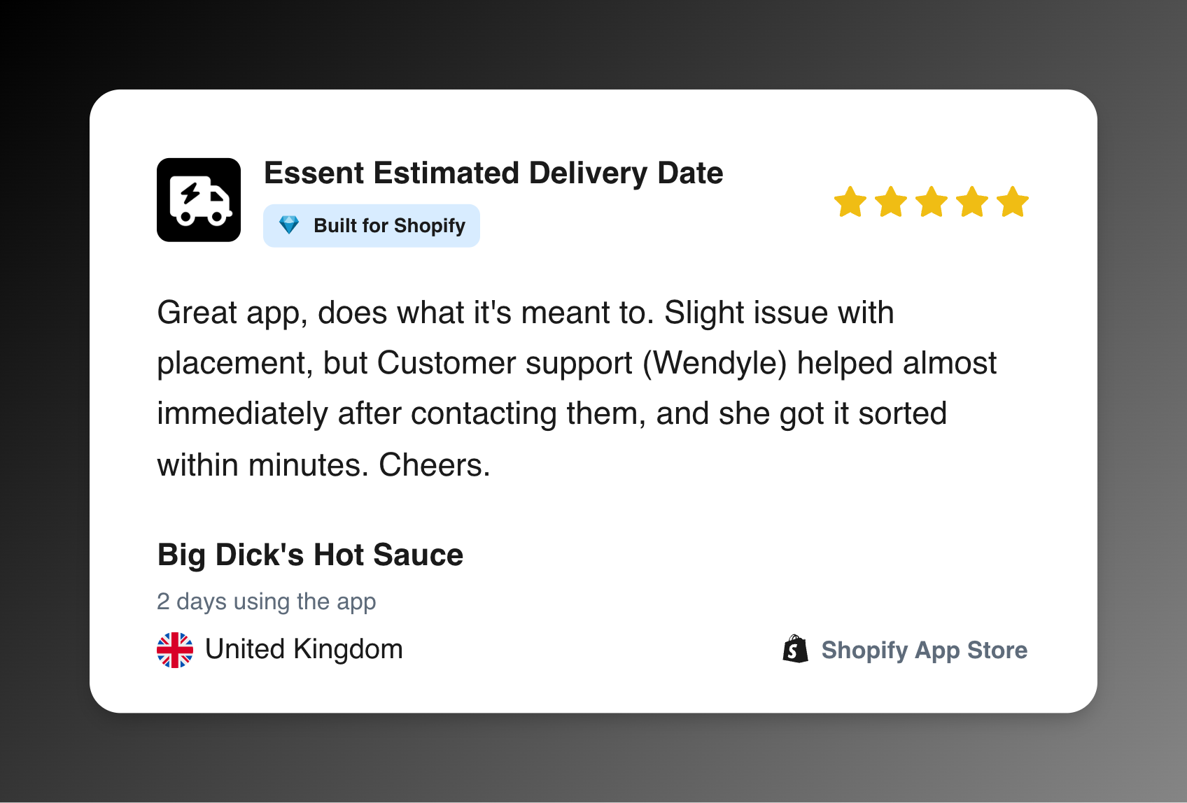Five-star Shopify App Store review from Big Dick's Hot Sauce for Essent Estimated Delivery Date