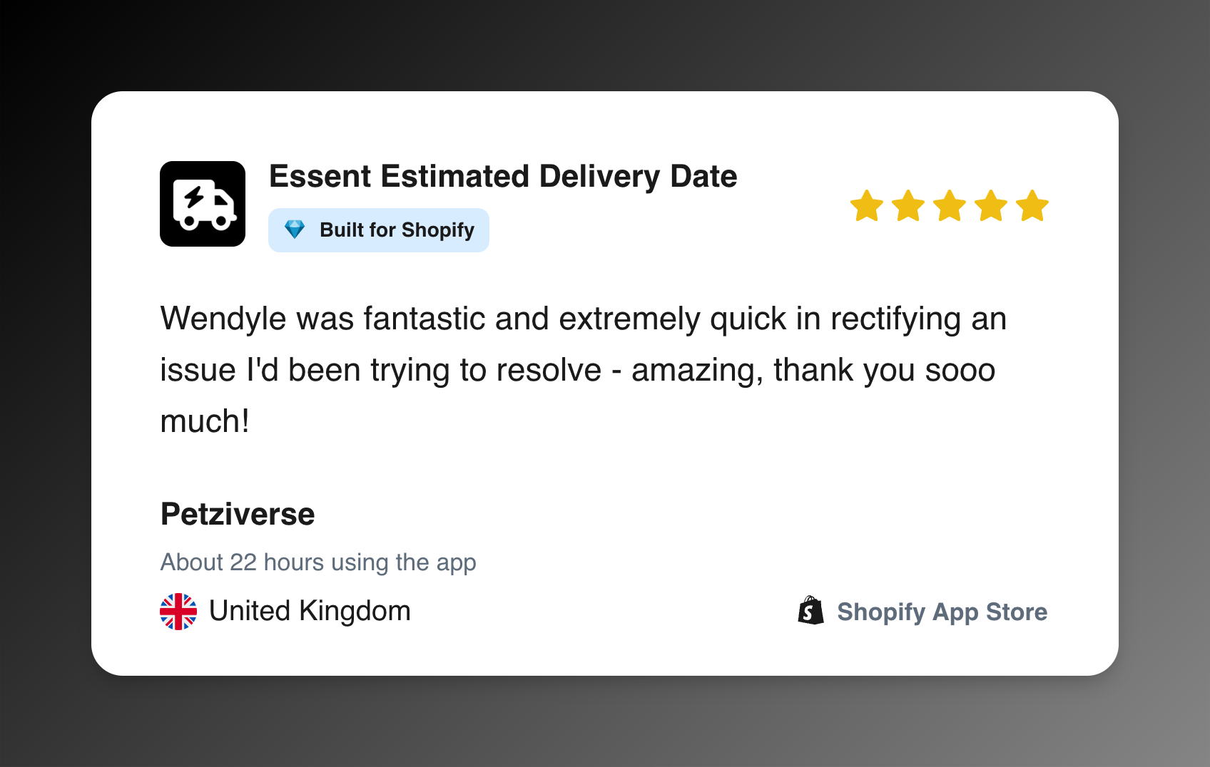 Five-star Shopify App Store review from Petziverse for Essent Estimated Delivery Date