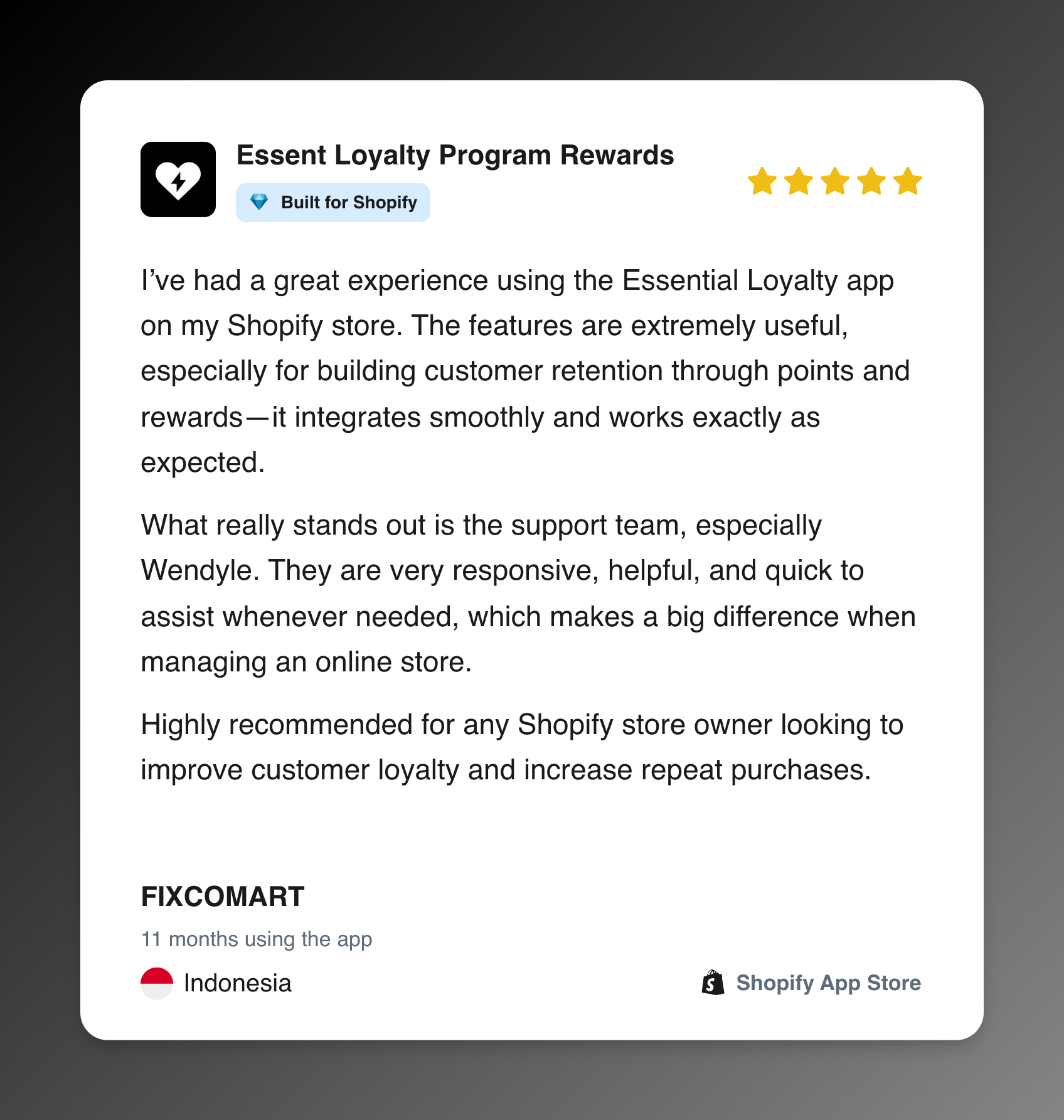 Five-star Shopify App Store review from FIXCOMART for Essent Loyalty Program Rewards