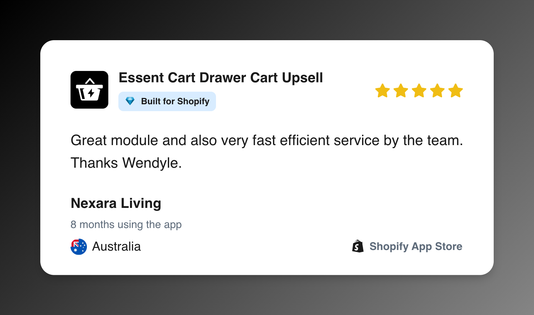 Five-star Shopify App Store review from Nexara Living for Essent Cart Drawer Cart Upsell