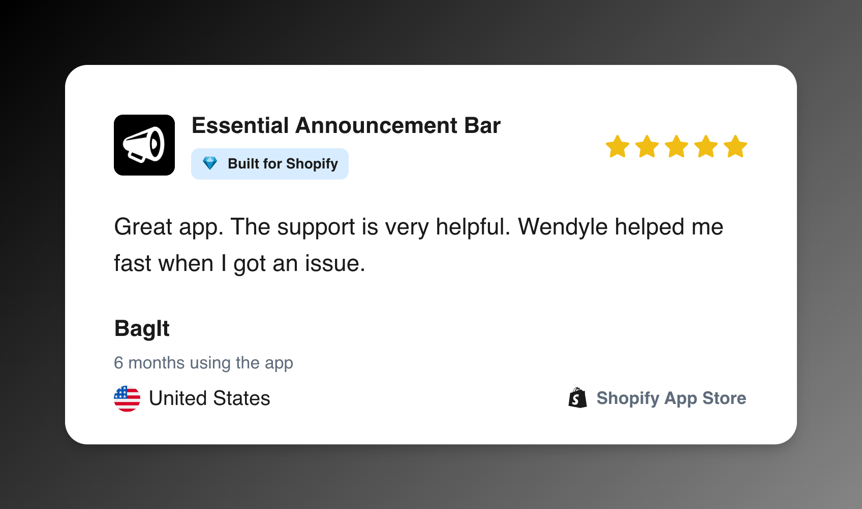 Five-star Shopify App Store review from BagIt for Essential Announcement Bar