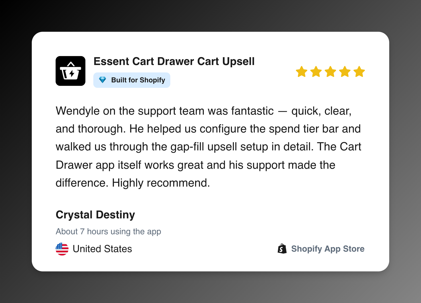 Five-star Shopify App Store review from Crystal Destiny for Essent Cart Drawer Cart Upsell