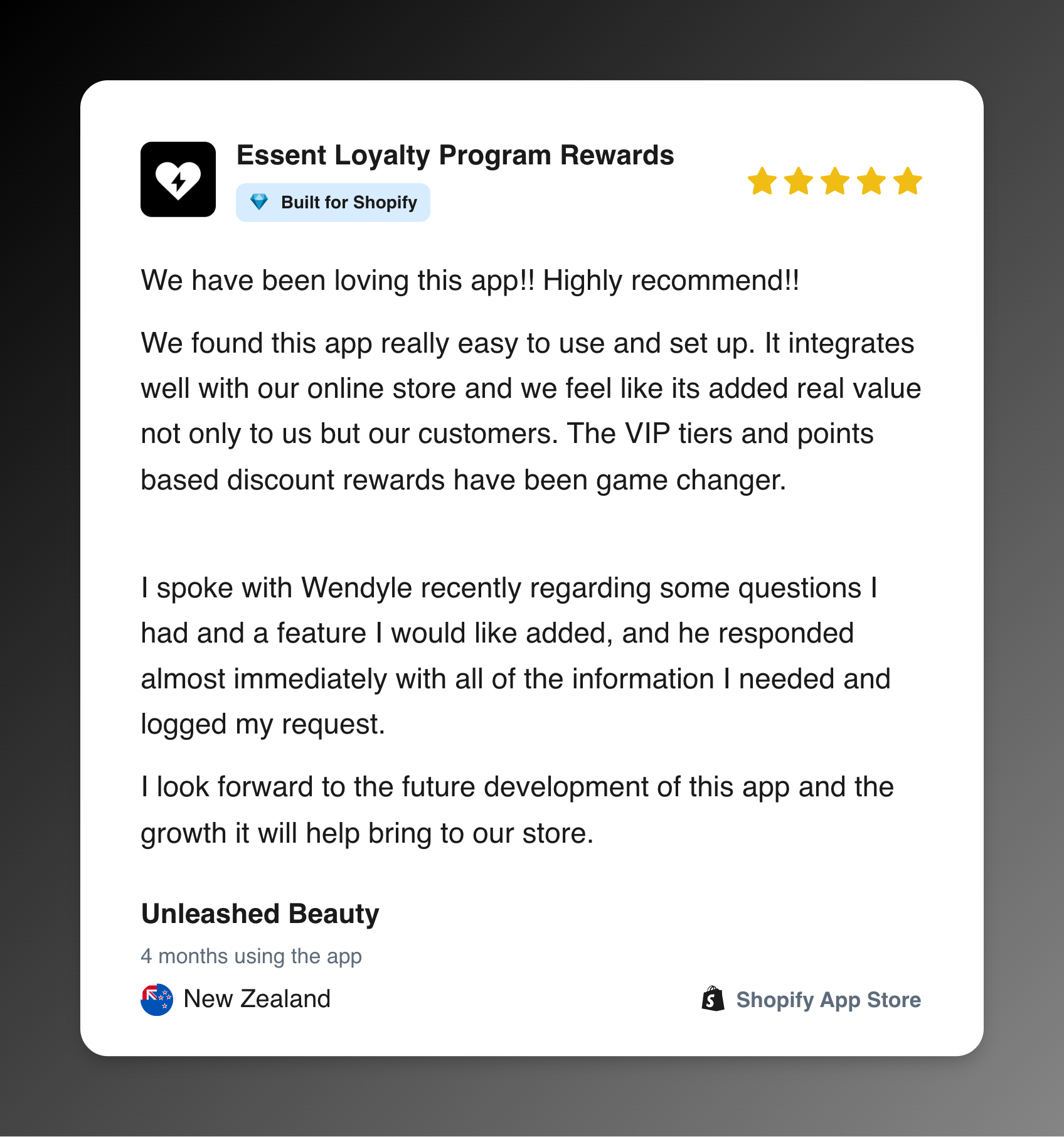 Five-star Shopify App Store review from Unleashed Beauty for Essent Loyalty Program Rewards